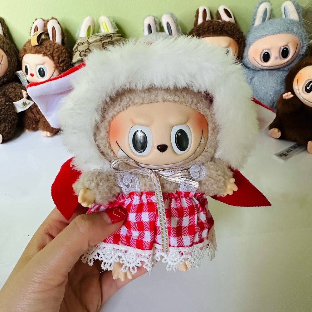 Cute Plush cloth only 
Red Checkered Dress and Faux Fur Hood